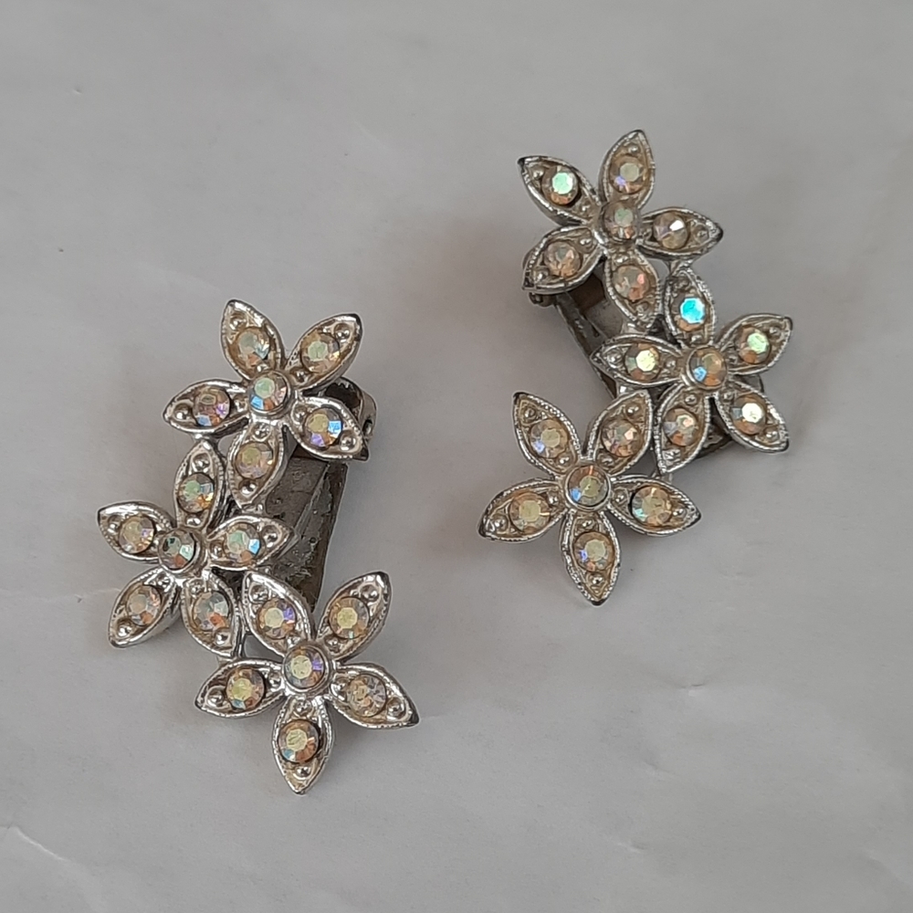 Vintage AB Rhinestone Floral Ear Climber Clip Earrings
